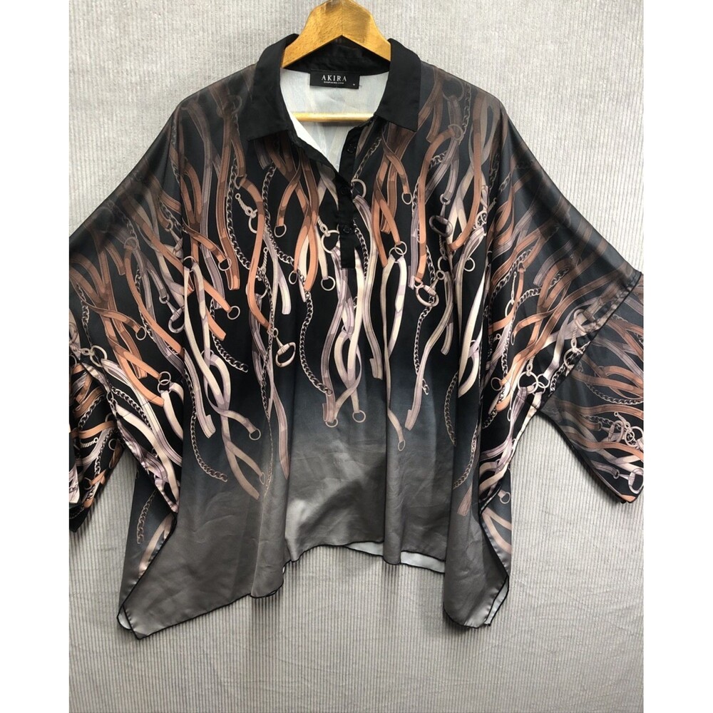 Akira Top Size M Poncho Kimono Flare Sleeve Chain Print Black Multicolor